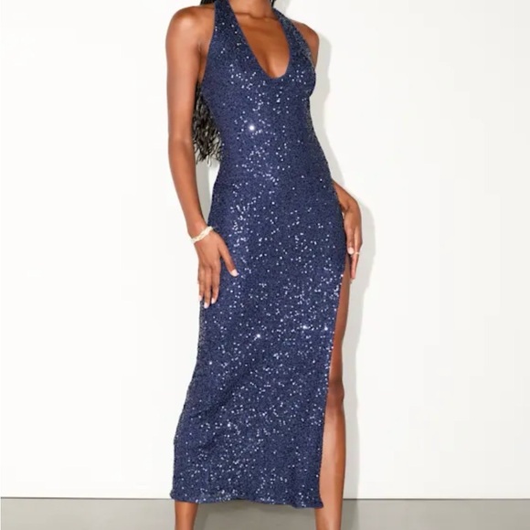 Lulu's Midnight Blue Sequin Backless Dress - Picture 3 of 9